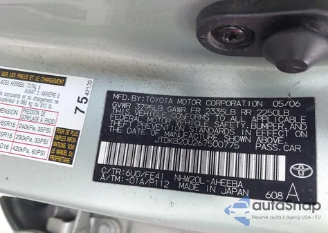 2006 Toyota Prius from USA, damaged, VIN JTDKB20U267500775